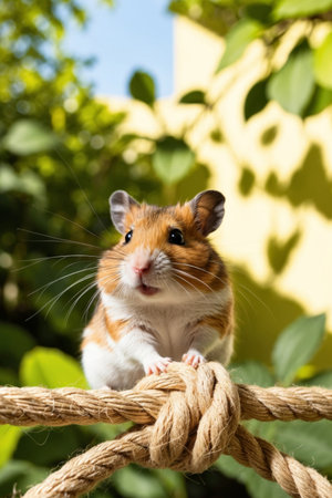 AI Generated. A Curious Hamster Exploring a Rope Perch in a Sunny Garden During the Afternoonの素材