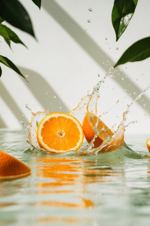 AI Generated. Orange Slices Splashing into Water with Green Leavesの素材