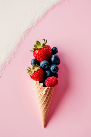 AI Generated. Pink ice cream cone with fresh berries on pink backgroundの素材