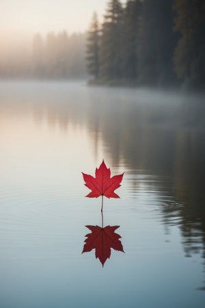 AI Generated. A Single Red Leaf Floating on a Calm Lake at Sunriseの素材