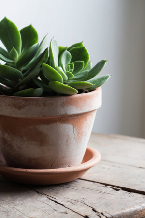 AI Generated. A Succulent Thriving in a Rustic Terracotta Pot on an Aged Wooden Tableの素材