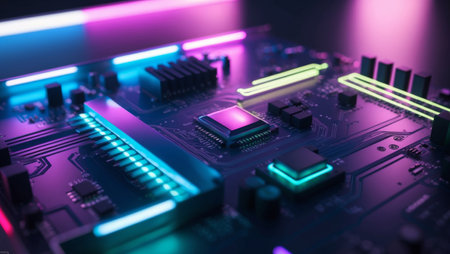 AI Generated. Futuristic Circuit Board with Neon Lightsの素材