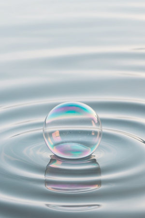 AI Generated. Iridescent Soap Bubble Floating on Water Surfaceの素材