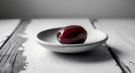 AI Generated. A Bowl of Shiny Red Dates on a Wooden Tableの素材