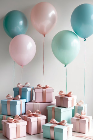 AI Generated. Pastel gifts and balloons for a colorful celebrationの素材