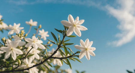 AI Generated. Spring flowering jasmine bush on blue sky backgroundの素材