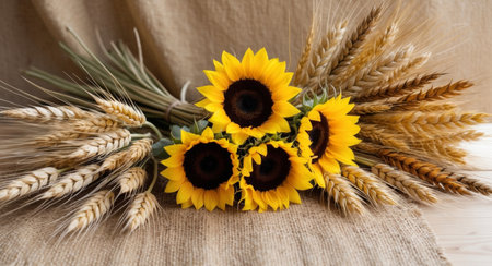 AI Generated. Sunflowers and Wheat Spikes Surrounding a Burlap Backgroundの素材
