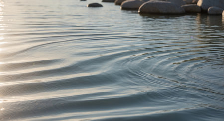 AI Generated. Sunlit Water Ripples Over Smooth River Rocksの素材