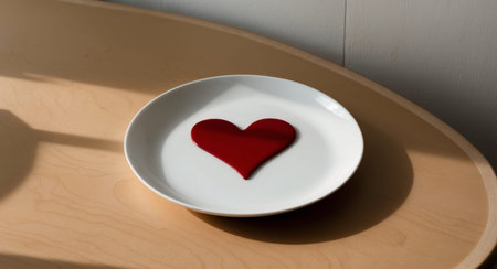 AI Generated. White plate with a red heart shape on wooden tableの素材