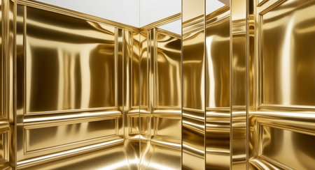 AI Generated. Glossy metallic gold wall background shiny gold surface with a reflective metallic finishの素材