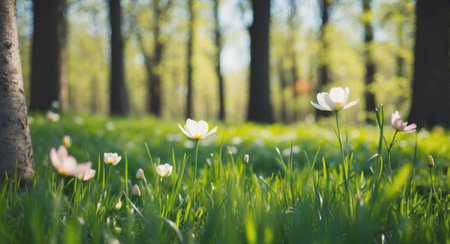 AI Generated. Fresh grass and flowers growing in the forest at springの素材