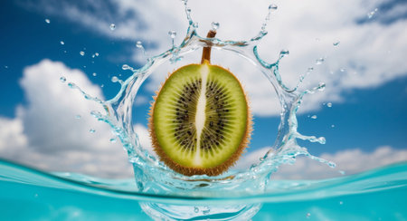 AI Generated. Kiwi fruit splashing in water with a blue sky backgroundの素材