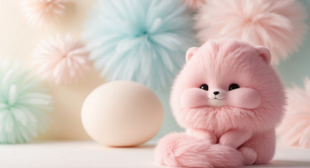 AI Generated. Adorable pink fluffy character on pastel colored backgroundの素材