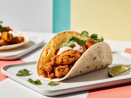 AI Generated. Savor the flavor of crispy fried chicken taco in fresh wrapの素材