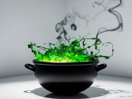 AI Generated. black cauldron filled with bubbling green liquid wisps of smokeの素材
