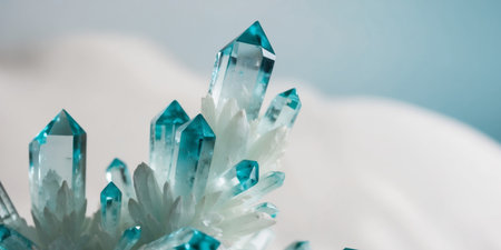 AI Generated. Closeup of aquamarine crystals growing upwards with a blurred backgroundの素材