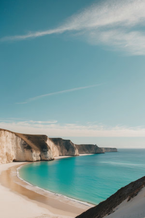 AI Generated. Breathtaking view of a turquoise beach surrounded by cliffs under a blue skyの素材