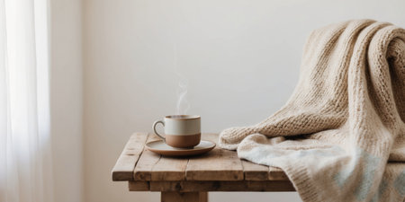 AI Generated. Cozy knitted sweater warm mug on peaceful morningの素材