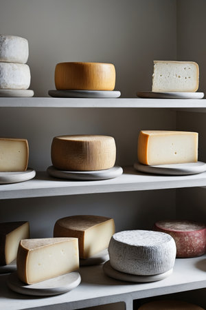 AI Generated. Different cheese wheels are aging in a cheese cellarの素材