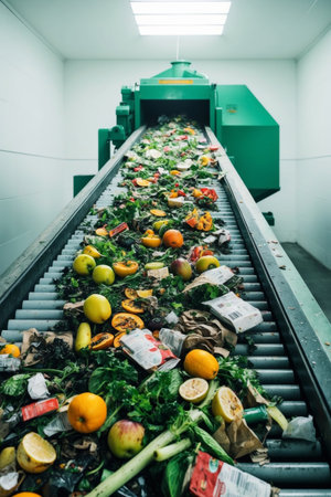 AI Generated. Food Waste On Conveyor Belt At Recycling Plantの素材