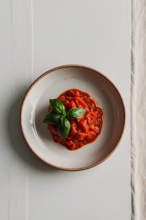 AI Generated. Fresh Tomato Sauce with Basil on Plate Overhead Shotの素材