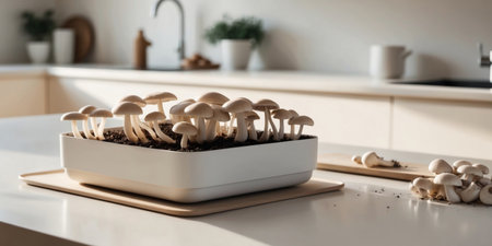AI Generated. Oyster mushrooms growing in a home mushroom growing kit on a kitchen counterの素材