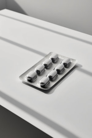 AI Generated. Pack of six pills in a blister pack laying on a white surfaceの素材