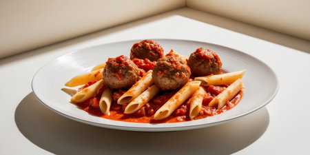 AI Generated. Penne pasta with tomato sauce and meatballs on a plateの素材
