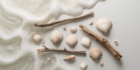 AI Generated. Seashells and Driftwood Surrounded by Foamy Ocean Waterの素材