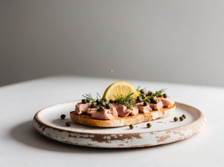AI Generated. Savory tuna toast topped with capers and lemon on rustic woodの素材
