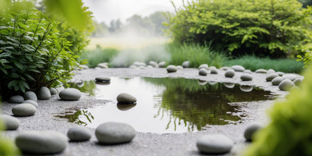 AI Generated. Serene Small Pond with Stones and Greenery Surroundingの素材