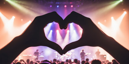 AI Generated. Silhouette of hands forming a heart shape at a live concert with vibrant stage lighting and blurred crowd backgroundの素材