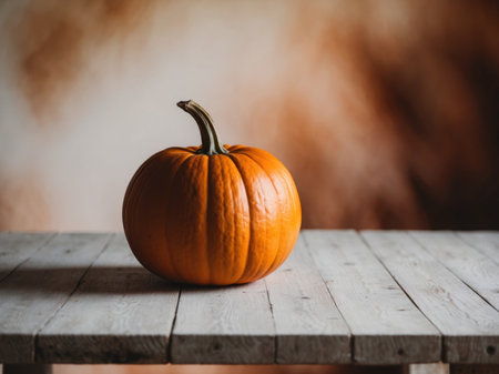 AI Generated. Single pumpkin on table with blurry brown backgroundの素材