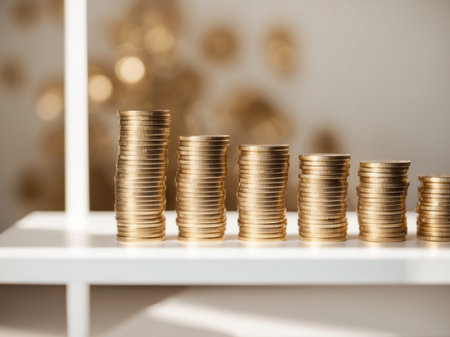 AI Generated. Stacks of gold coins with blurred backgroundの素材