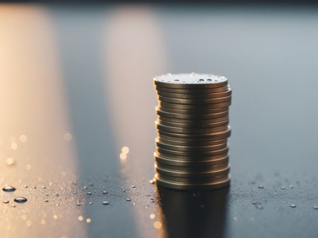 AI Generated. Stacked coins reflecting warm light with water droplets on a dark surface in the eveningの素材