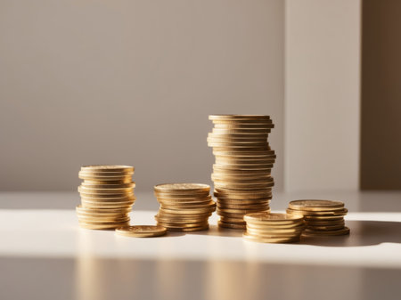AI Generated. Stacks of Coins with Warm Lighting Representing Wealthの素材