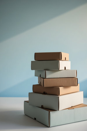 AI Generated. A stack of cardboard boxes on a blue backgroundの素材