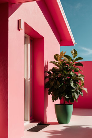 AI Generated. Vibrant Pink House Exterior with Lush Green Potted Plantの素材