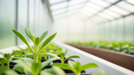 AI Generated. Close up image of green seedlings growing in a greenhouseの素材