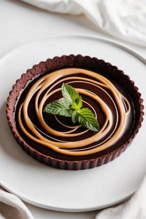 AI Generated. Decadent chocolate tart with caramel drizzle and mint garnishの素材
