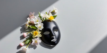 AI Generated. Preparing cosmetic black mask with spring flowers on gray background copy spaceの素材