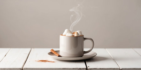 AI Generated. A mug of hot chocolate with marshmallows and cinnamon on a tableの素材