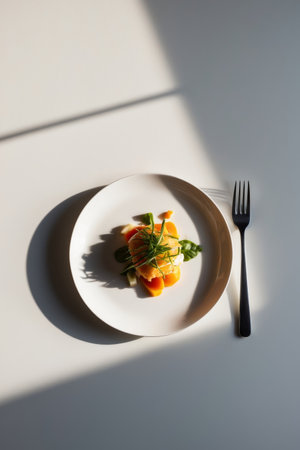 AI Generated. A plate of food with a fork on the right sideの素材