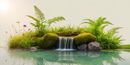 AI Generated. A small pond with a waterfall and plants surrounding itの素材