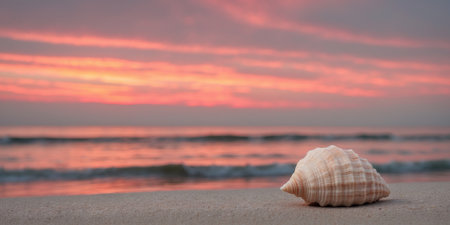 AI Generated. A Beautiful Seashell Found on the Shore During a Magnificent Sunset Over the Oceanの素材