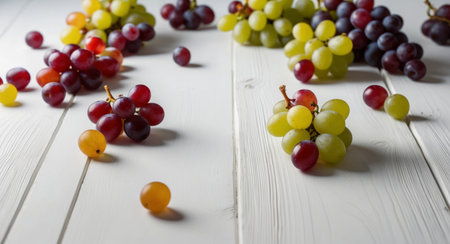AI Generated. Assorted Grapes Arranged Around White Wooden Backgroundの素材