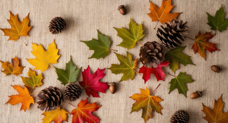 AI Generated. Autumn Leaves and Pine Cones Arranged Around a Burlap Backgroundの素材