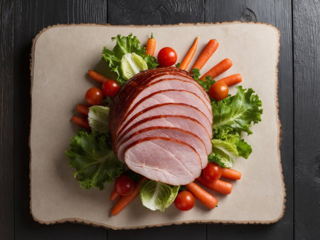 AI Generated. Baked ham served with fresh vegetables on dark textured background Culinary flat lay with space for text and traditional food presentationの素材
