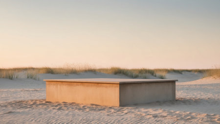 AI Generated. Beige Concrete Platform on Sandy Beach at Sunsetの素材