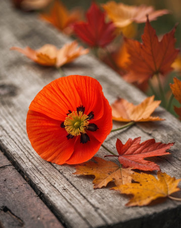 AI Generated. Bright red poppy flower rests on weathered wooden surface surrounded by autumn leavesの素材